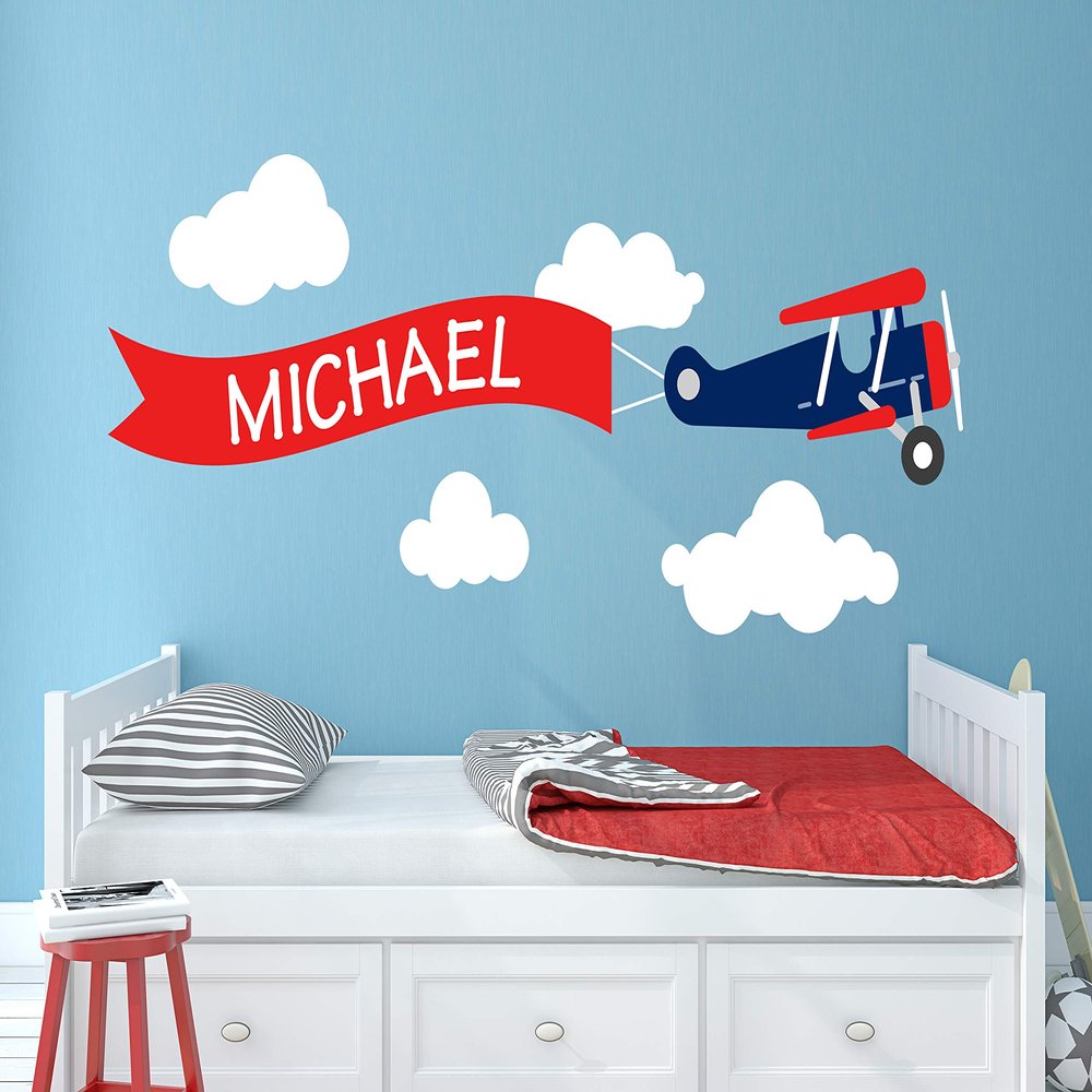 Airplane Name Wall Decal - Custom Airplane Wall Decal - Boys Kids Room Decor - Nursery Airplane Clouds Decor Art Mural Vinyl Sticker (50"W x 20"H)