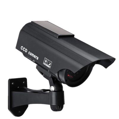 F FINDERS&CO Dummy Solar Security Camera, Bullet Fake Surveillance System with Realistic Red Flashing Lights and Warning Sticker Indoor Outdoor (1, Black)