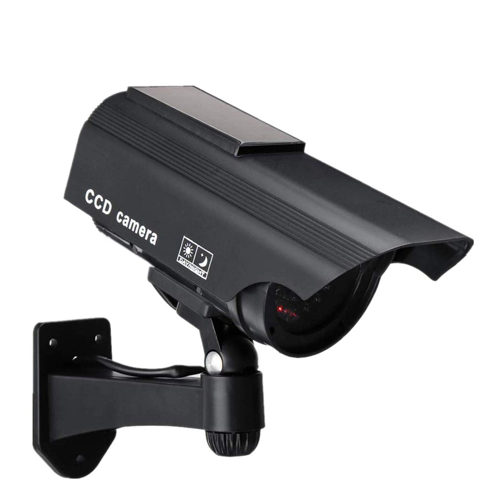 F FINDERS&CO Dummy Solar Security Camera, Bullet Fake Surveillance System with Realistic Red Flashing Lights and Warning Sticker Indoor Outdoor (1, Black)