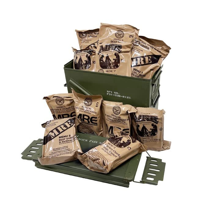 Genuine US Military Meals Ready to Eat (MRE 1 random case of 12 complete meals) Packed in a Grade 1 previously issued U.S. Military M592 30MM Ammo Can  | Emergency Survival Food Supply | Waterproof Storage for Camping, Hunting & Disaster Preparednes