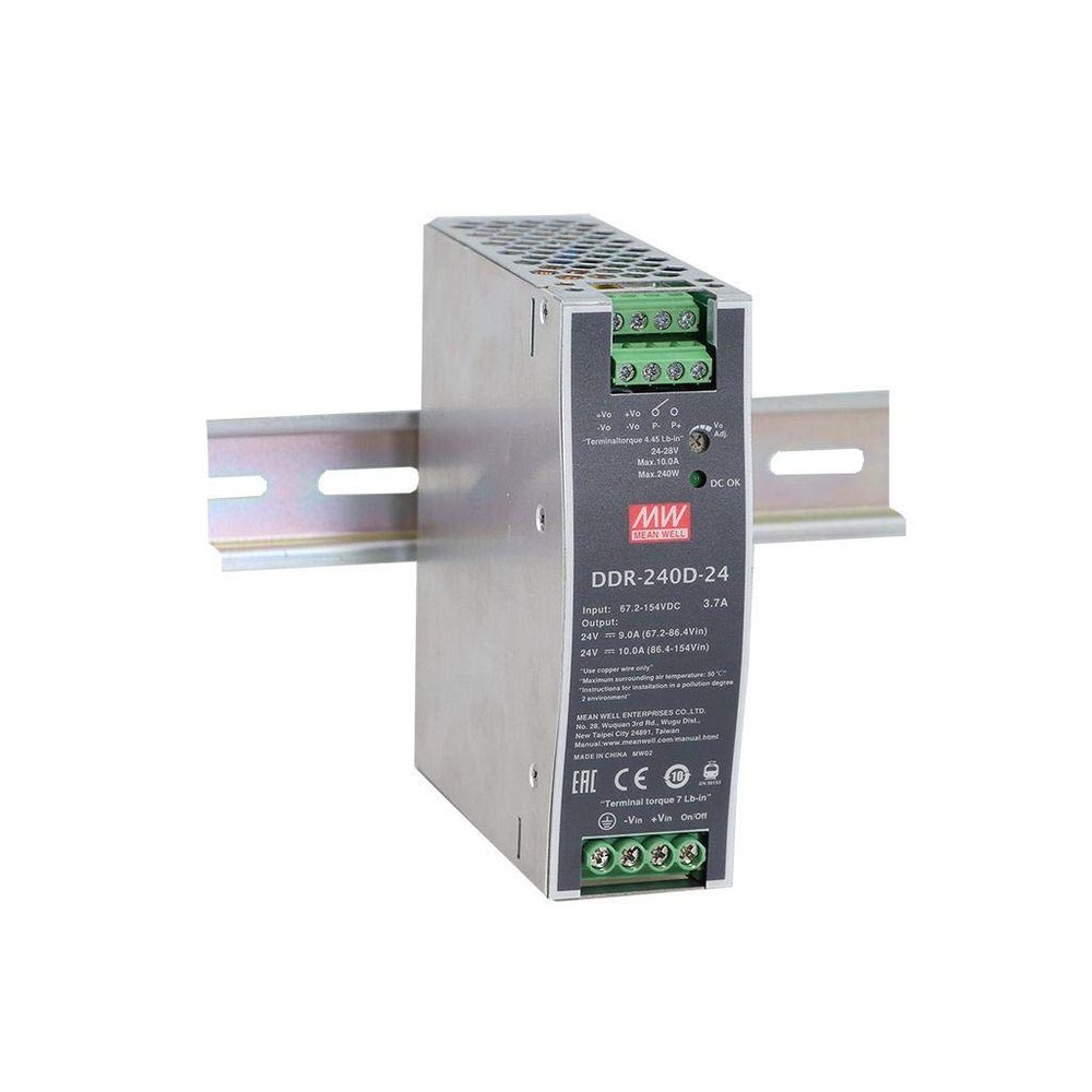 Mean Well DDR-240B-24 DC-DC Converter DIN Rail 240W 24V 10A, 16.8-33.6V in, Enclosed, Adj Output