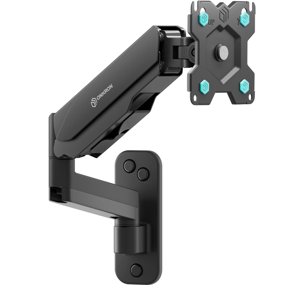 ONKRON Single Monitor Wall Mount for 13-34 Inch Screen up to 17.6 lbs, Height Adjustable, Full Motion Computer Screen Wall Mount, VESA 75x75 & 100x100, Gas Spring Monitor Arm Wall Black