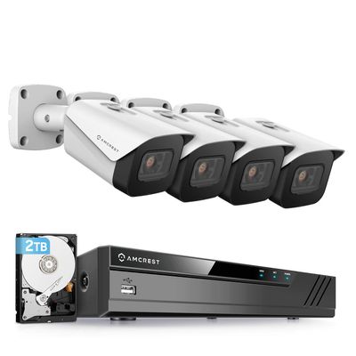 Amcrest 4K Security Camera System w/ 4K (8MP) 8CH PoE NVR, (4) x 8-Megapixel IP67 Weatherproof Metal Bullet POE IP Cameras, Pre-Installed 2TB Hard Drive, NV4108E-IP8M-2496EW4-2TB (White)