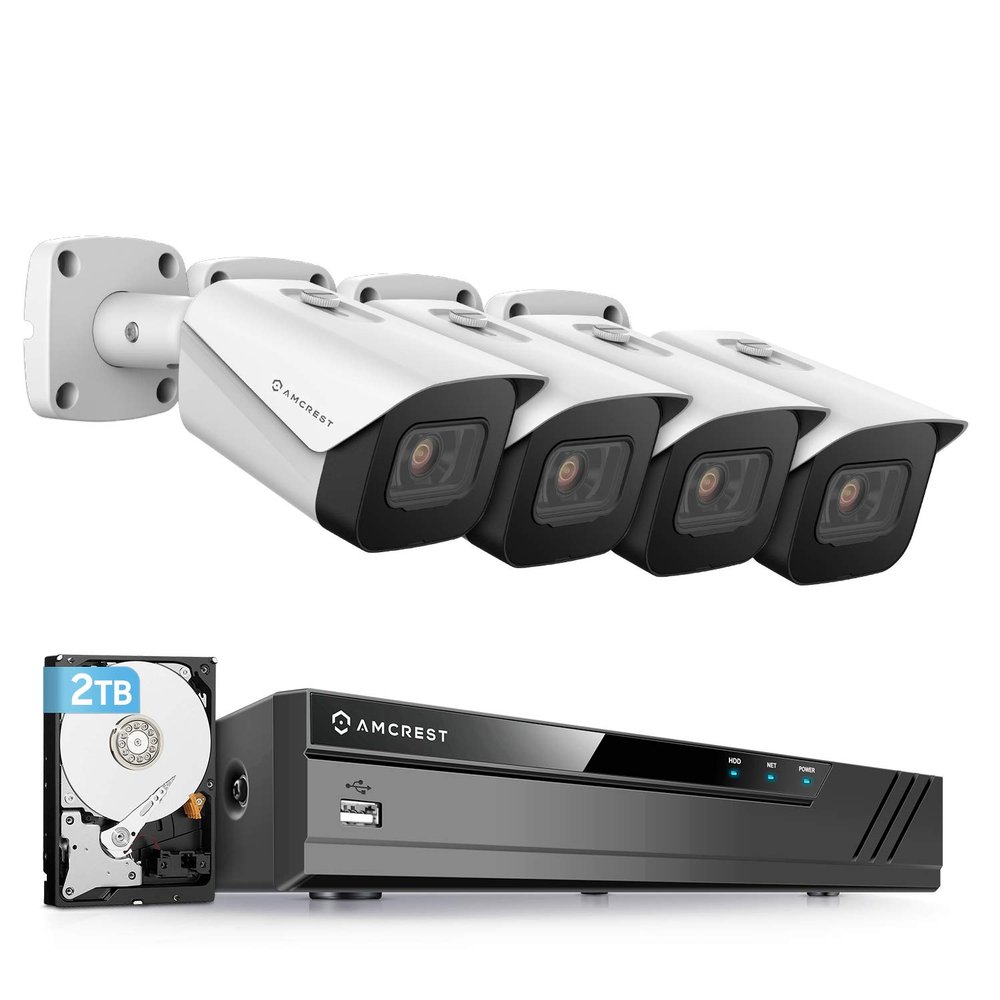 Amcrest 4K Security Camera System w/ 4K (8MP) 8CH PoE NVR, (4) x 8-Megapixel IP67 Weatherproof Metal Bullet POE IP Cameras, Pre-Installed 2TB Hard Drive, NV4108E-IP8M-2496EW4-2TB (White)