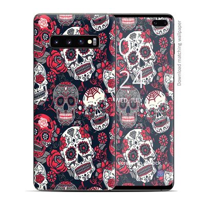 Skin Decal Vinyl Wrap for Samsung Galaxy S10 Plus - Decal Stickers Skins Cover - Sugar Skulls Red Black Dia de Los