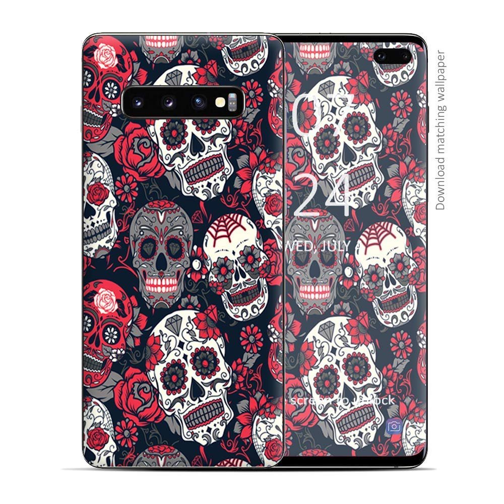 Skin Decal Vinyl Wrap for Samsung Galaxy S10 Plus - Decal Stickers Skins Cover - Sugar Skulls Red Black Dia de Los