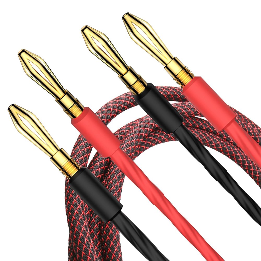 Moonsaudio Pair HiFi Braided Speaker Cable Gold Banana to Banana Plugs Audio Stereo Loudspeaker Wire Cords AWG -99.99% OFC Conductor (6.6FT/2M)