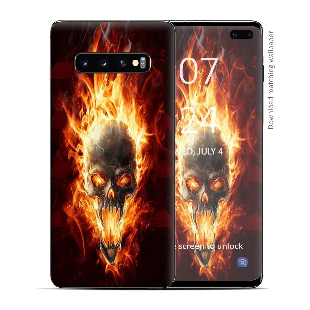 Skin Decal Vinyl Wrap for Samsung Galaxy S10 Plus - Decal Stickers Skins Cover - Fire Skull in Flames