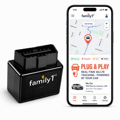 Family1st OBD GPS Tracker for Vehicles, Car Location Tracker Device with Smart Alerts and Instant Car and Driver Safety Monitoring Reports, Trip History, Driving Alert, Geo Fence, Engine Diagnostics
