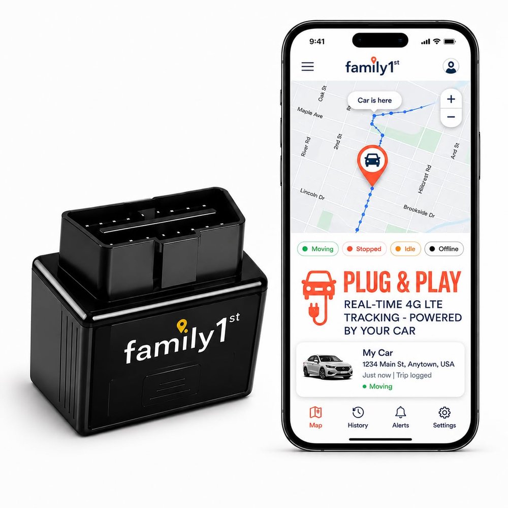 Family1st OBD GPS Tracker for Vehicles, Car Location Tracker Device with Smart Alerts and Instant Car and Driver Safety Monitoring Reports, Trip History, Driving Alert, Geo Fence, Engine Diagnostics