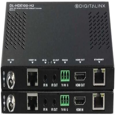 Digitalinx DL-HDE100-H2 HDMI 2.0 HDBaseT Extension Set with Control and Ethernet; Complete Set Includes TX, RX, Power Supply, and IR Flasher/Emitter; Supports HDR10; HDCP 2.2 Compliant