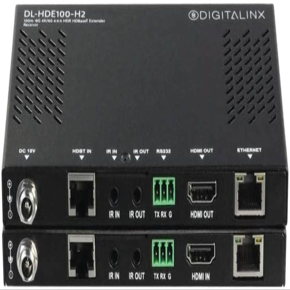 Digitalinx DL-HDE100-H2 HDMI 2.0 HDBaseT Extension Set with Control and Ethernet; Complete Set Includes TX, RX, Power Supply, and IR Flasher/Emitter; Supports HDR10; HDCP 2.2 Compliant