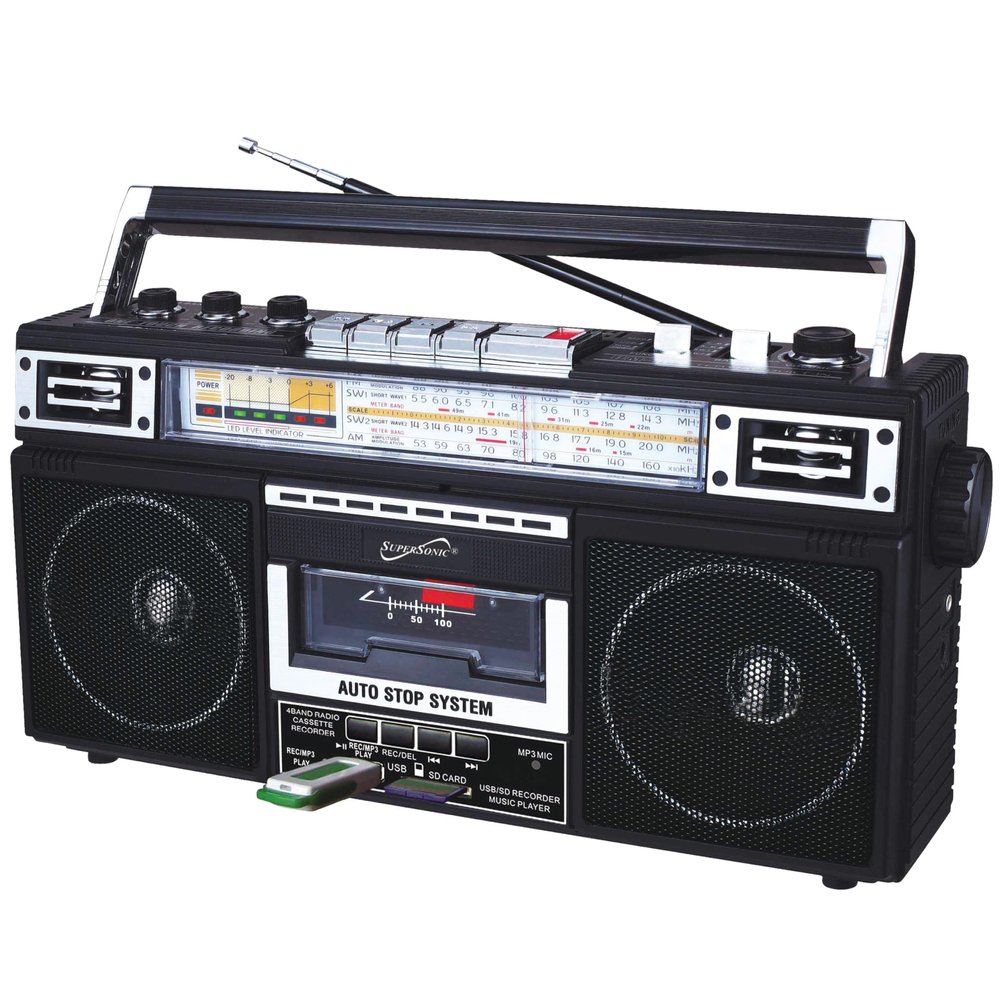 Supersonic SC-3201BT 4 Band Radio & Cassette Player Boombox, Bluetooth Speaker, AM/FM/SW Radio with MP3 Playback, USB & SD Card, 3 Band EQ and Earphone Jack