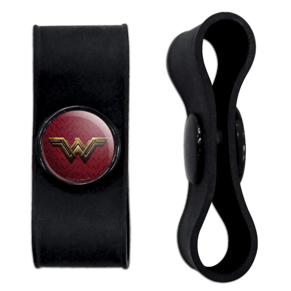 GRAPHICS & MORE Justice League Movie Wonder Woman Logo Headphone Earbud Cord Wrap - Charging Cable Manager - Wire Organizer Set of 2 - Black