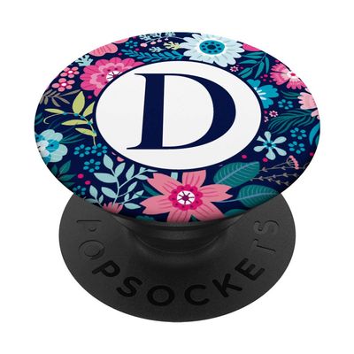 Navy Letter D Monogram Initial Teal Pink Botanical Floral PopSockets Grip and Stand for Phones and Tablets