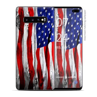 Skin Decal Vinyl Wrap for Samsung Galaxy S10 Plus - Decal Stickers Skins Cover - American Flag on Wood