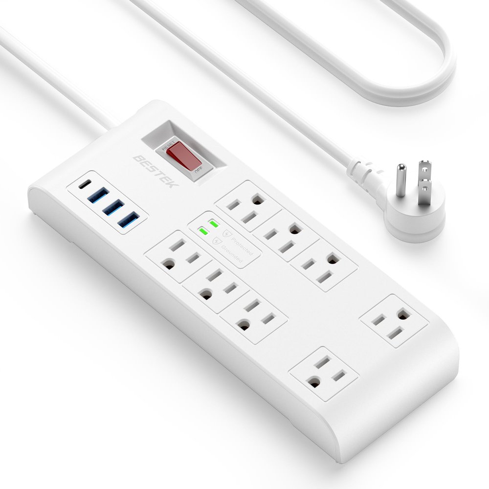 BESTEK 4,000 Joules Surge Protector with USB, Power Strips with 8 AC Outlet, 3 USB-A 2.4A 1USB-C 3A, MAX Output 1625W 13A, Long 5 Feet Heavy Duty Extension Cords