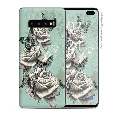 Skin Decal Vinyl Wrap for Samsung Galaxy S10 Plus - Decal Stickers Skins Cover - Butterflies Roses Teal Distressed Vintage