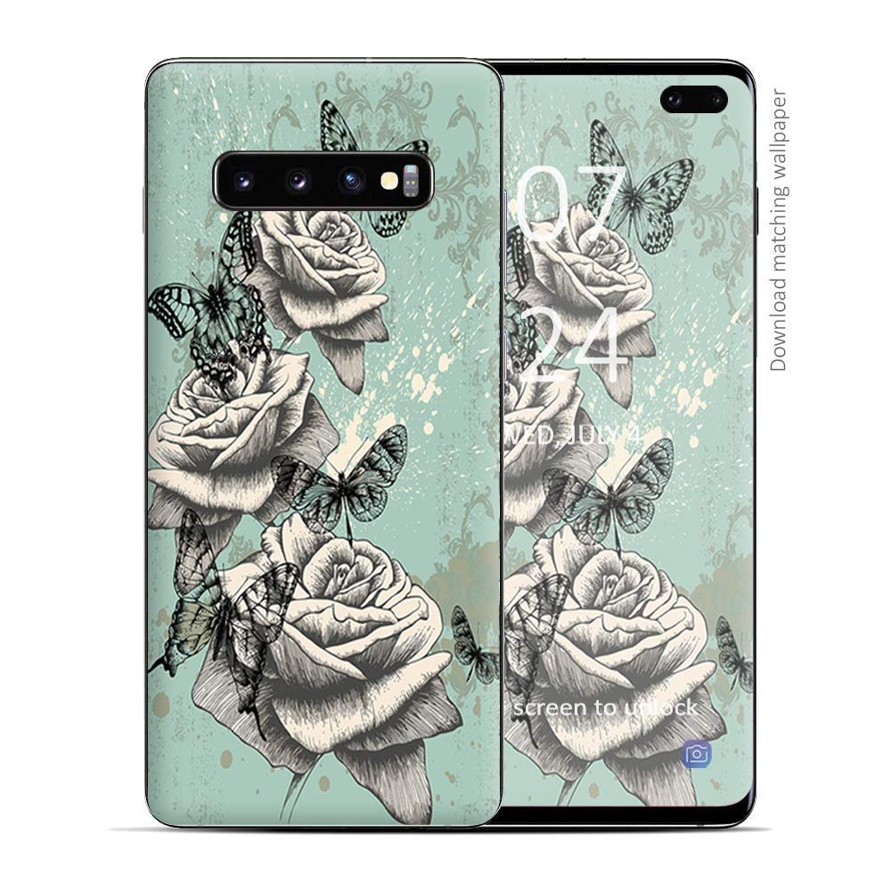 Skin Decal Vinyl Wrap for Samsung Galaxy S10 Plus - Decal Stickers Skins Cover - Butterflies Roses Teal Distressed Vintage