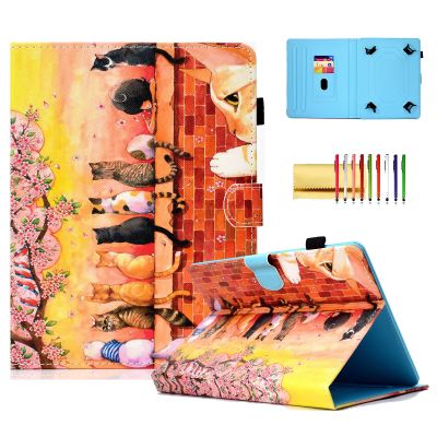 10-inch Tablet Case, Techcircle Pretty Folio Stand Cover with Pencil Holder+Card Slots, Magnetic Protective Case for Samsung Galaxy Tab 9.7/10.1/10.5" Tablet, iPad Air/Pro 10.5, Cat World