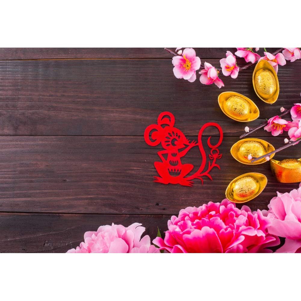 Leyiyi 15x10ft Chinese New Year Backdrops Chinese Red Paper-Cut Rat Gold Ingot Background for Photography Flower Wooden Floor Party Banner Photo Studio Props