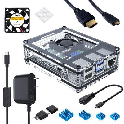 Miuzei Case for Raspberry Pi 4 with Fan, USB-C Power Supply, Micro HDMI Cable, HDMI Adapter, Aluminum Heat Sinks, USB Card Reader