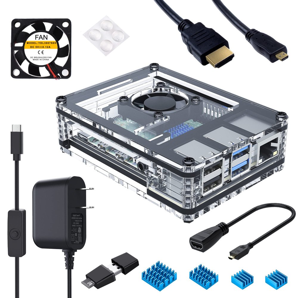 Miuzei Case for Raspberry Pi 4 with Fan, USB-C Power Supply, Micro HDMI Cable, HDMI Adapter, Aluminum Heat Sinks, USB Card Reader