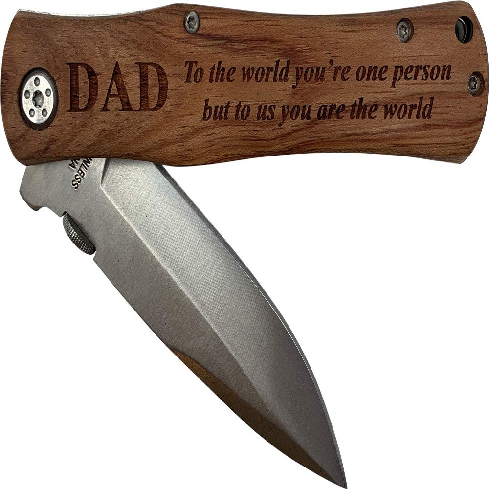 Dad - to the world you're one person but to us you are the world Stainless Steel Folding Pocket Knife with Clip, Wood