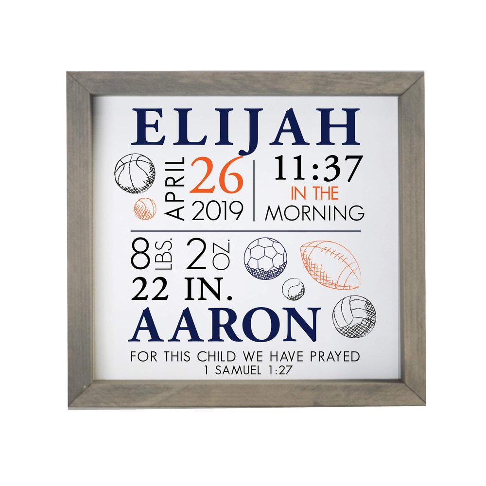 LifeSong Milestones Personalized Nursery Wall Decor for Boys and Girls Nursery or Bedroom Framed Inspirational Shadow Boxes Sports 11.5 x 11.5 (Grey)
