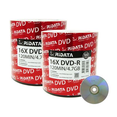 200 Pack Ridata DVD-R 16X 4.7GB 120 Min Silver Logo Top Blank Data Video Media Recordable Disc