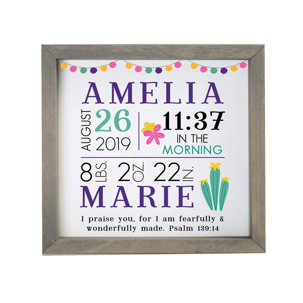 LifeSong Milestones Personalized Nursery Wall Decor for Boys and Girls Nursery or Bedroom Framed Inspirational Shadow Boxes Cactus 11.5 x 11.5 (Grey)