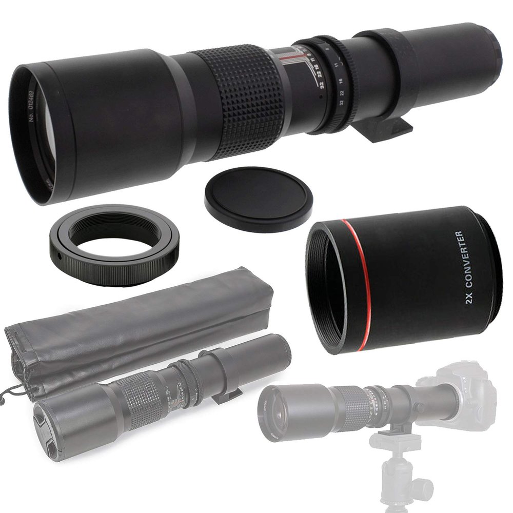 500mm (w/ 2X- 1000mm) f/8-32 HD Preset Telephoto Lens for Nikon D5, D4, D850, D810, D800, D750, D610, D600, D7500, D7200, D7100, D5600, D5500, D5300, D5200, D3500, D3400 DSLR Cameras