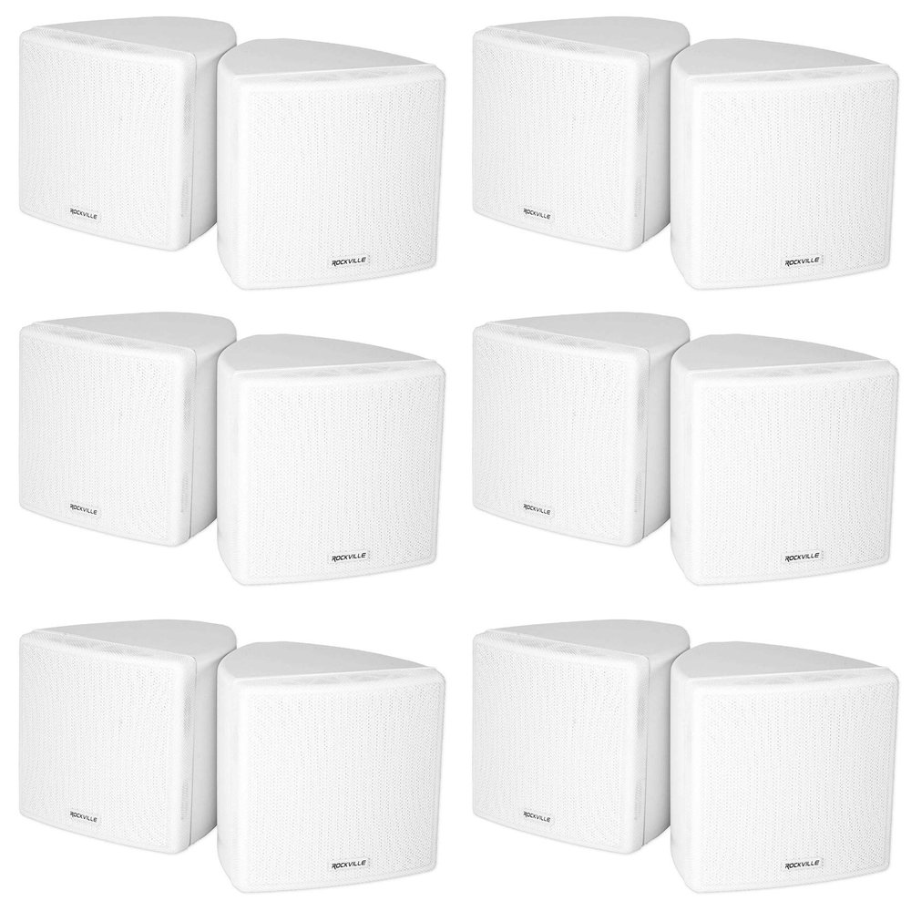 Rockville Cube White 3.5 in 30W RMS Home Theater Wall Speakers, 8 Ohm, 360-Degree Swivel Brackets, 2-Way Audio, Compact Design, for Home Theater and Surround Sound, 6-Items