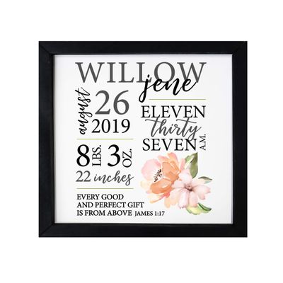 LifeSong Milestones Personalized Nursery Wall Decor for Boys and Girls Nursery or Bedroom Framed Inspirational Shadow Boxes Pink Flowers 11.5 x 11.5 (Black)