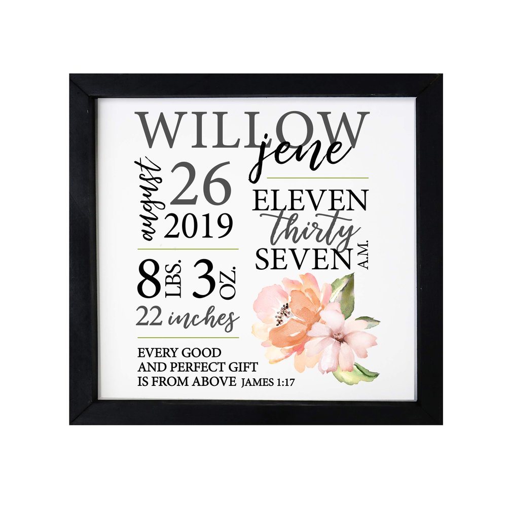 LifeSong Milestones Personalized Nursery Wall Decor for Boys and Girls Nursery or Bedroom Framed Inspirational Shadow Boxes Pink Flowers 11.5 x 11.5 (Black)