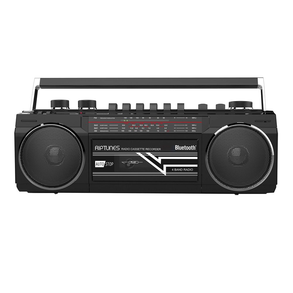 Riptunes Cassette Boombox, Retro Blueooth Boombox, Cassette Player and Recorder, AM/FM/SW-1-SW2 Radio-4-Band Radio, USB, SD, and Aux in, Black