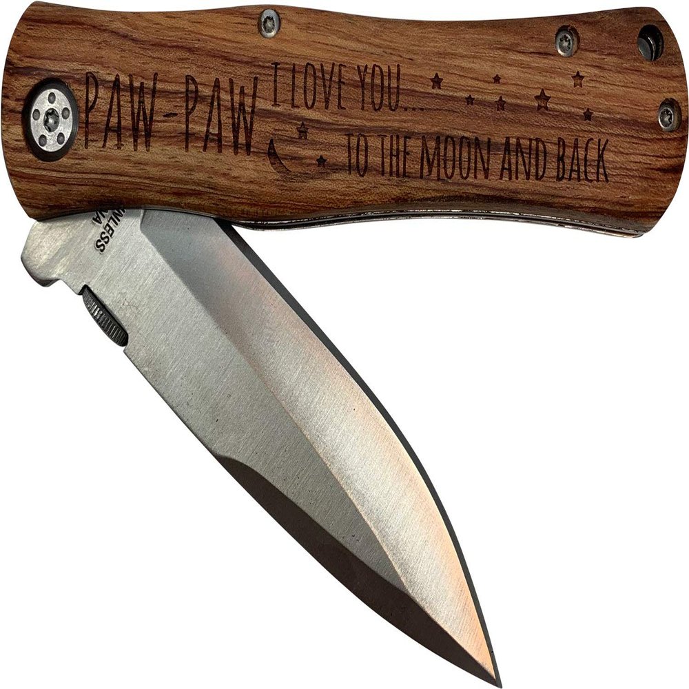 PawPaw - I Love You to The Moon and Back Stainless Steel Folding Pocket Knife with Clip, Wood