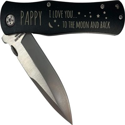 Pappy - I Love You to The Moon and Back Stainless Steel Folding Pocket Knife with Clip, Black