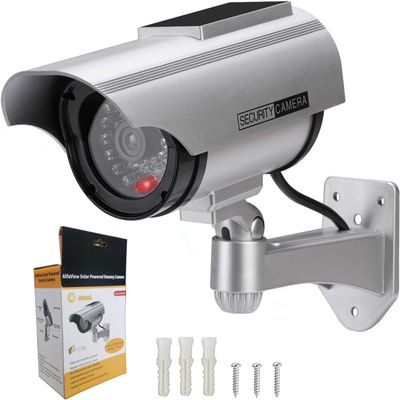 AlfaView Solar Powered Bullet Dummy Fake Surveillance Camera Security CCTV Dome Camera with LED Flashing Light for Outdoor/Indoor,Home/Business