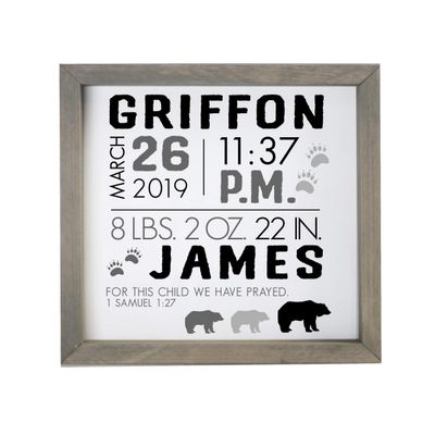 LifeSong Milestones Personalized Nursery Wall Decor for Boys and Girls Nursery or Bedroom Framed Inspirational Shadow Boxes Bears 11.5 x 11.5 (Grey)