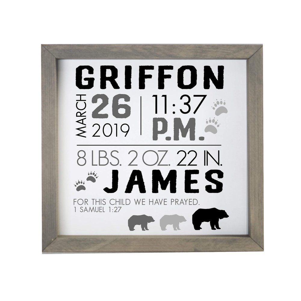 LifeSong Milestones Personalized Nursery Wall Decor for Boys and Girls Nursery or Bedroom Framed Inspirational Shadow Boxes Bears 11.5 x 11.5 (Grey)