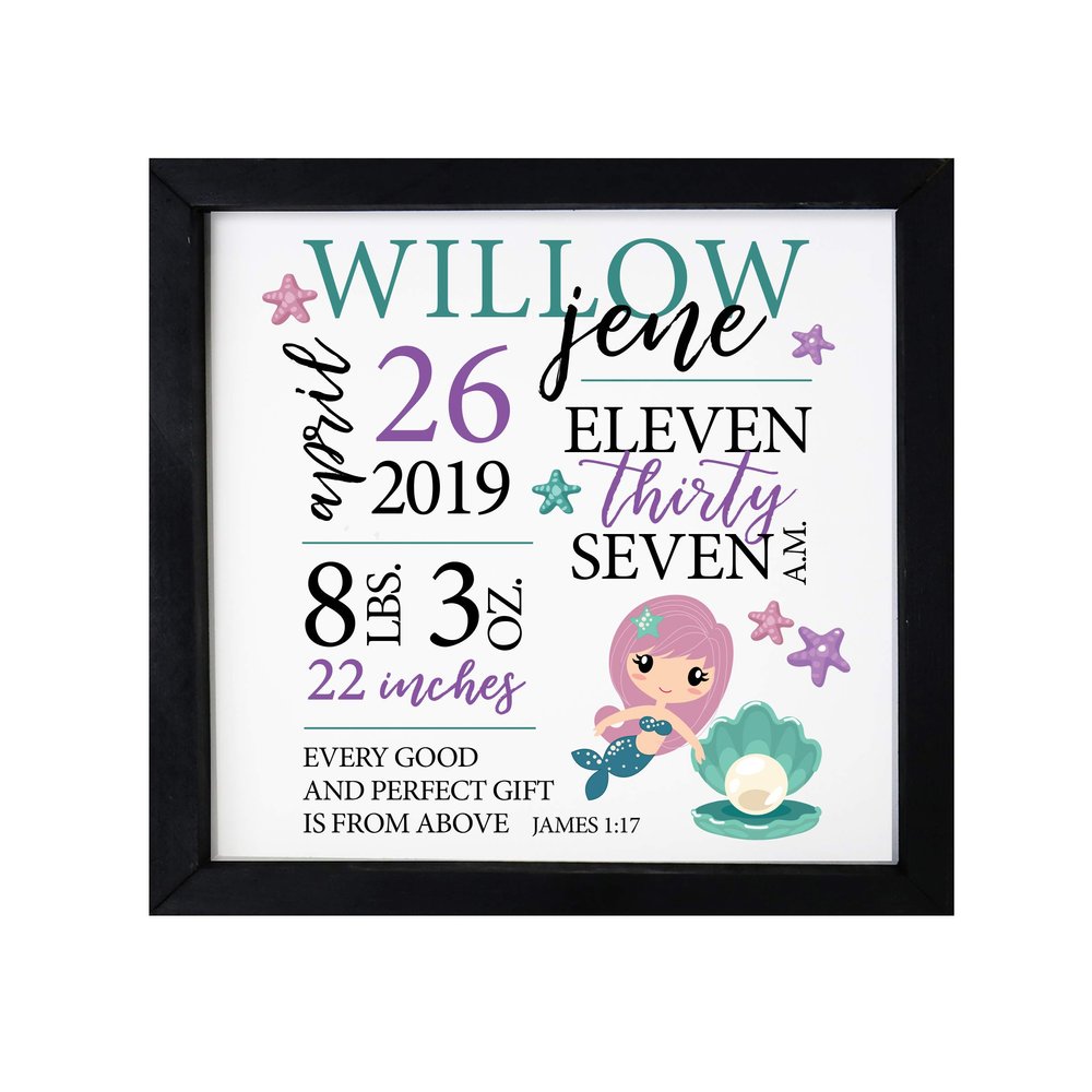 LifeSong Milestones Personalized Nursery Wall Decor for Boys and Girls Nursery or Bedroom Framed Inspirational Shadow Boxes Mermaids 11.5 x 11.5 (Black)