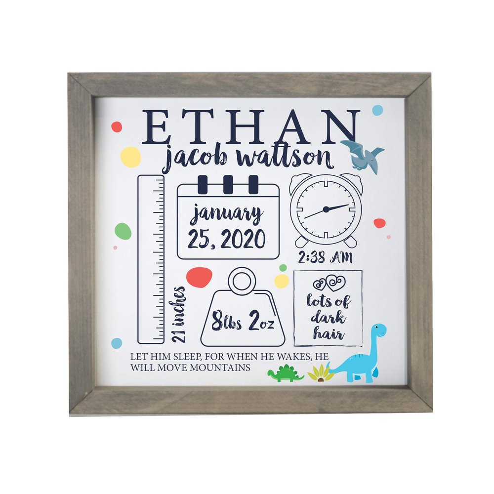 LifeSong Milestones Personalized Nursery Wall Decor for Boys and Girls Nursery or Bedroom Framed Inspirational Shadow Boxes Dinosaur 11.5 x 11.5 (Grey)