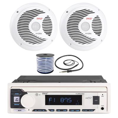Pyle PLMRB29W2 Single DIN Marine Bluetooth MP3 Player Stereo Receiver, 2X 6.5'' Dual Cone Full-Range 150W White Audio Speakers, Wire, Radio Antenna