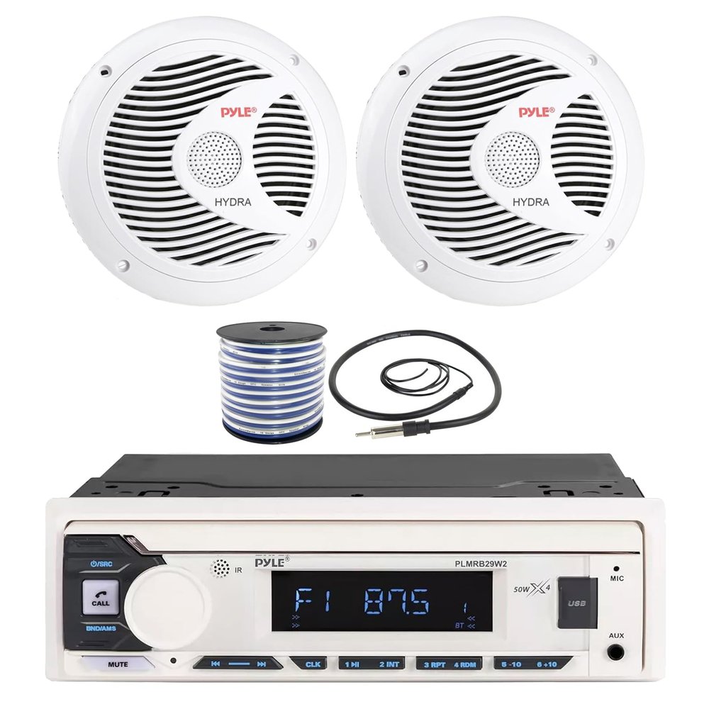 Pyle PLMRB29W2 Single DIN Marine Bluetooth MP3 Player Stereo Receiver, 2X 6.5'' Dual Cone Full-Range 150W White Audio Speakers, Wire, Radio Antenna