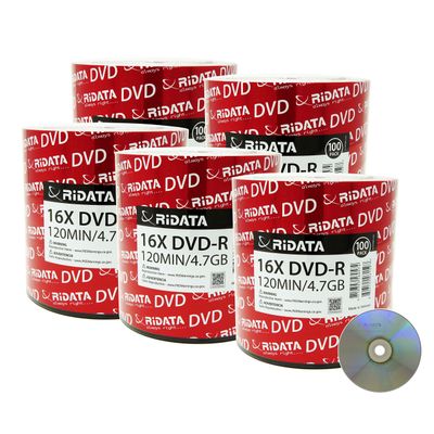 500 Pack Ridata DVD-R 16X 4.7GB 120 Min Silver Logo Top Blank Data Video Media Recordable Disc