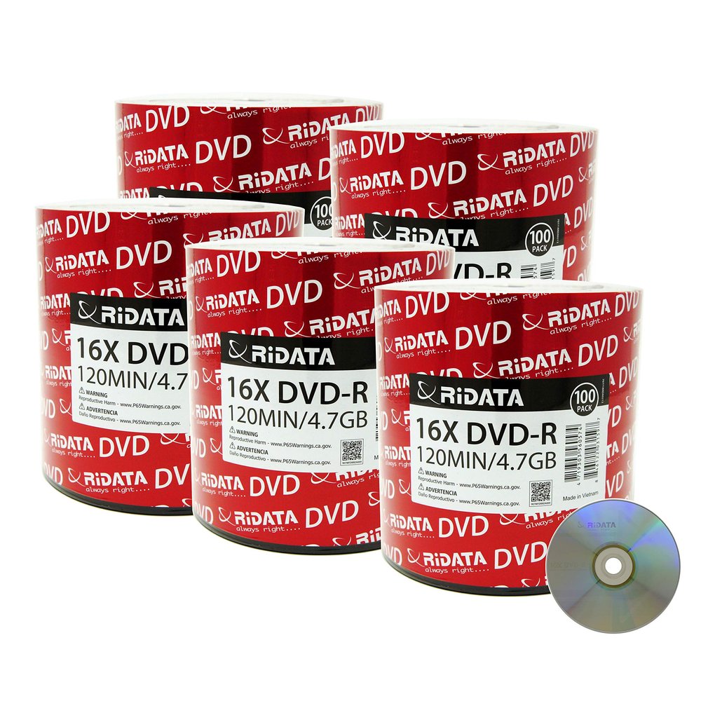 500 Pack Ridata DVD-R 16X 4.7GB 120 Min Silver Logo Top Blank Data Video Media Recordable Disc