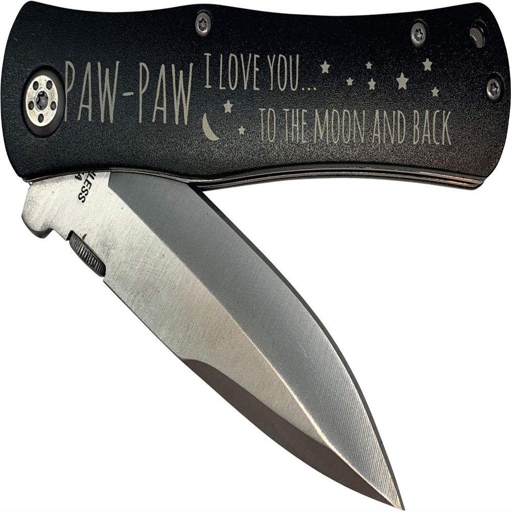 PawPaw - I Love You to The Moon and Back Stainless Steel Folding Pocket Knife with Clip, Black