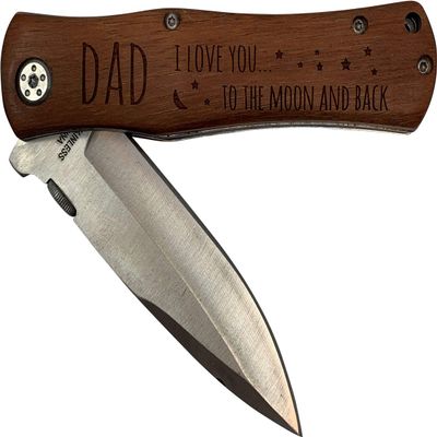 Dad - I Love You to The Moon and Back Stainless Steel Folding Pocket Knife with Clip, Wood