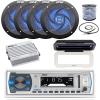Pyle in-Dash Marine Boat AM/FM USB AUX Radio Headunit Receiver Bundle Combo with 4X 4'' Full-Range 2-Way 100W Blue Light LED Speakers, 4-Channel Bluetooth Amplifier, Radio Shield, Wire, Antenna view 1